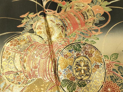 平和屋着物■豪華黒留袖 草花陶器文 暈し染め 金銀彩 正絹 逸品 AABH4434fw