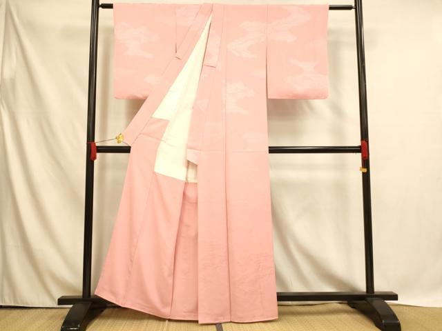 平和屋着物▽上質な色無地　単衣　珊瑚色　正絹　逸品　AABG1007jh 平和屋着物□上質な色無地 雲取り草葉地紋 珊瑚色 正絹 逸品