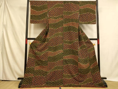 平和屋着物■上質な小紋 七宝流水文 黒地 ロング丈 正絹 逸品 AABH4512fw