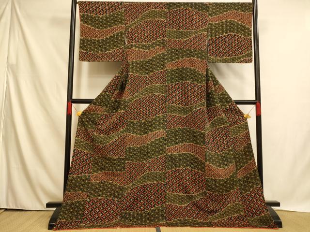 平和屋着物■上質な小紋 七宝流水文 黒地 ロング丈 正絹 逸品 AABH4512fw