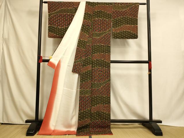 平和屋着物■上質な小紋 七宝流水文 黒地 ロング丈 正絹 逸品 AABH4512fw