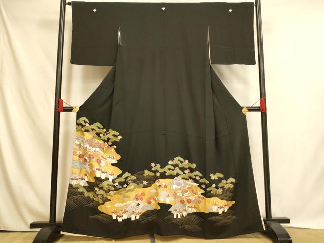平和屋着物■豪華黒留袖　駒刺繍　風景文　金彩　正絹　逸品　AABH4521fw