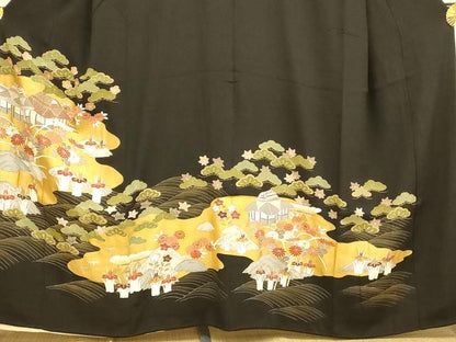 平和屋着物■豪華黒留袖　駒刺繍　風景文　金彩　正絹　逸品　AABH4521fw