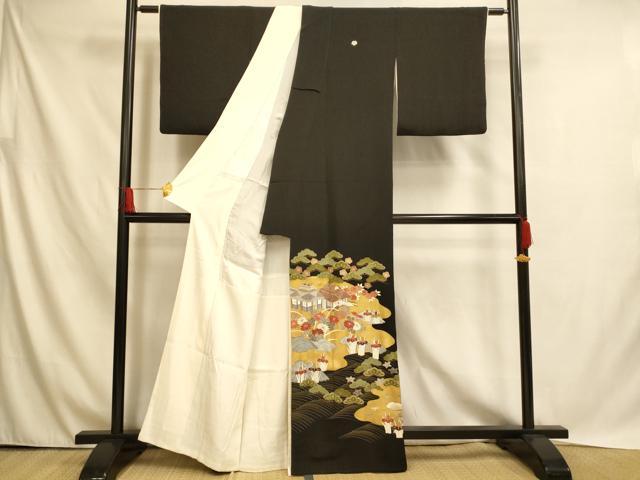 平和屋着物■豪華黒留袖　駒刺繍　風景文　金彩　正絹　逸品　AABH4521fw
