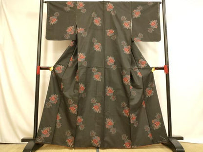 平和屋着物■本場村山大島紬　草花文　黒地　洗える着物　未使用　AABH4534fw