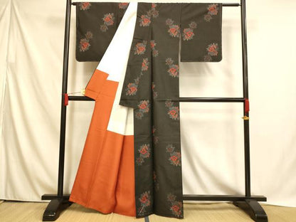 平和屋着物■本場村山大島紬　草花文　黒地　洗える着物　未使用　AABH4534fw