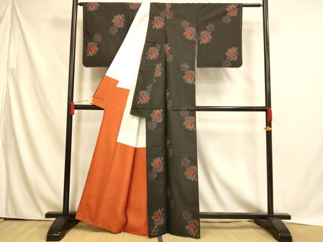 平和屋着物■本場村山大島紬　草花文　黒地　洗える着物　未使用　AABH4534fw