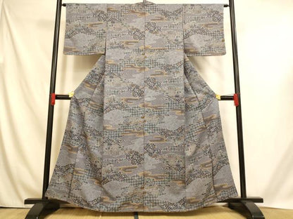 平和屋着物■小紋　雲取り風景文　金彩　洗える着物　未使用　AABH4541fw