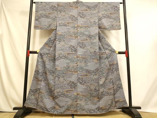 平和屋着物■小紋　雲取り風景文　金彩　洗える着物　未使用　AABH4541fw