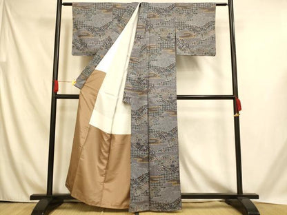 平和屋着物■小紋　雲取り風景文　金彩　洗える着物　未使用　AABH4541fw