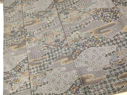 平和屋着物■小紋　雲取り風景文　金彩　洗える着物　未使用　AABH4541fw