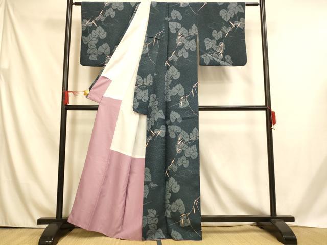 平和屋着物■小紋　葡萄の蔓　笹　金彩　洗える着物　AABH4547fw