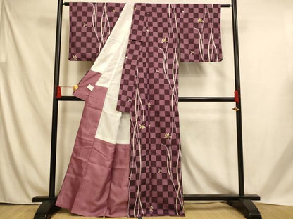 平和屋着物■小紋　枝花格子文　洗える着物　AABH4549fw