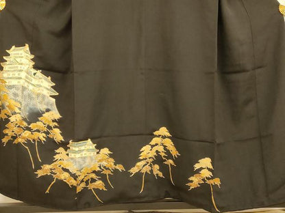 平和屋着物■豪華黒留袖　駒刺繍　風景文　金彩　正絹　逸品　AABH4556fw