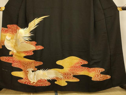 平和屋着物■豪華黒留袖　刺繍　雉流水文　金銀糸　金彩　正絹　逸品　AABH4557fw