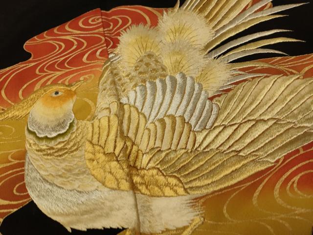 平和屋着物■豪華黒留袖　刺繍　雉流水文　金銀糸　金彩　正絹　逸品　AABH4557fw