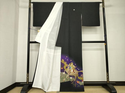 平和屋着物●世界的友禅作家　千地泰弘　黒留袖　馬　金彩　正絹　逸品　AABH4566ck