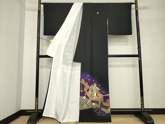 平和屋着物●世界的友禅作家　千地泰弘　黒留袖　馬　金彩　正絹　逸品　AABH4566ck