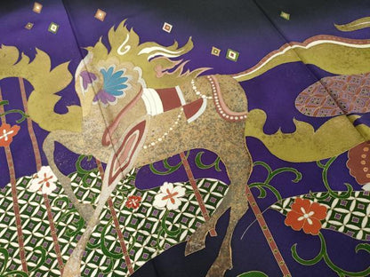 平和屋着物●世界的友禅作家　千地泰弘　黒留袖　馬　金彩　正絹　逸品　AABH4566ck
