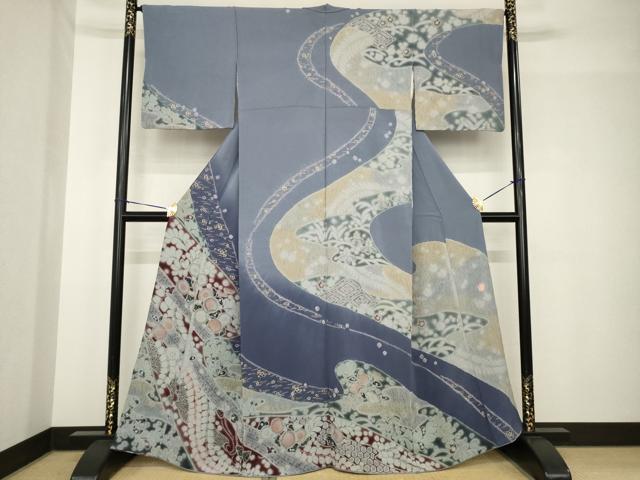 平和屋着物●十日町　名門　滝泰謹製　訪問着　辻が花　流水花文　金彩　正絹　逸品　AABH4571ck