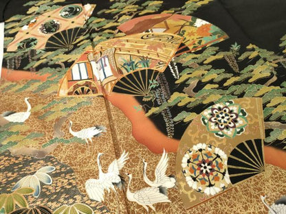 平和屋着物●女優・後藤久美子ブランド　黒留袖　駒刺繍　扇面飛鶴花文　金彩　正絹　逸品　AABH4572ck