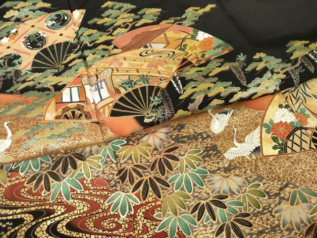 平和屋着物●女優・後藤久美子ブランド　黒留袖　駒刺繍　扇面飛鶴花文　金彩　正絹　逸品　AABH4572ck