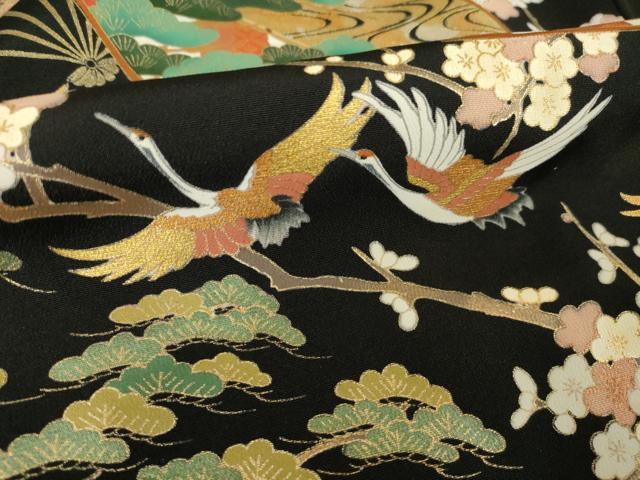 平和屋着物●女優・後藤久美子ブランド　黒留袖　駒刺繍　扇面飛鶴花文　金彩　正絹　逸品　AABH4572ck