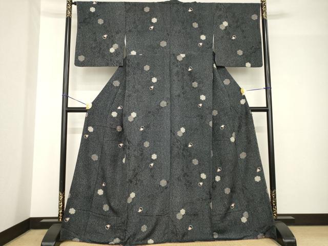 平和屋着物●上質な小紋　雪輪花文　黒地　正絹　逸品　AABH4574ck
