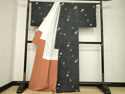 平和屋着物●上質な小紋　雪輪花文　黒地　正絹　逸品　AABH4574ck