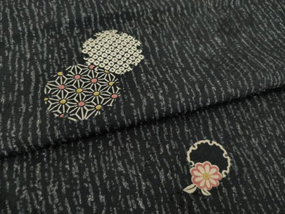 平和屋着物●上質な小紋　雪輪花文　黒地　正絹　逸品　AABH4574ck