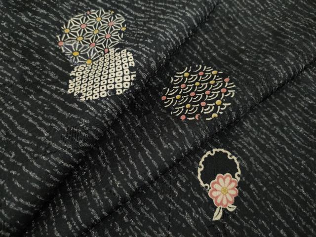 平和屋着物●上質な小紋　雪輪花文　黒地　正絹　逸品　AABH4574ck