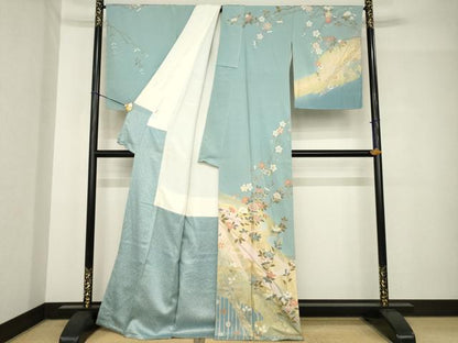 平和屋着物●訪問着　流水花文　金彩　正絹　逸品　AABH4579ck
