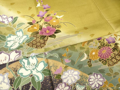 平和屋着物●豪華振袖　花篭文　金彩　ロング丈　正絹　逸品　AABH4581ck