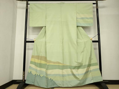 平和屋着物●絲藝苑　上島洋山　海草染　訪問着　遠山文　正絹　逸品　AABH4590ck