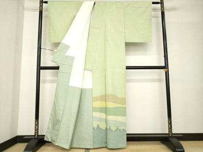 平和屋着物●絲藝苑　上島洋山　海草染　訪問着　遠山文　正絹　逸品　AABH4590ck