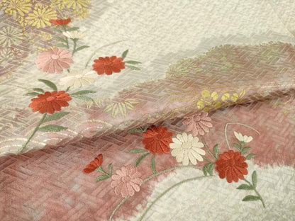 平和屋着物●色留袖　絞り　刺繍　道長草花文　金銀彩　正絹　逸品　AABH4592ck