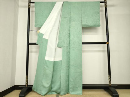 平和屋着物●上質な色無地　風景地紋　柳煤竹色　さが美扱い　正絹　逸品　AABH4593ck
