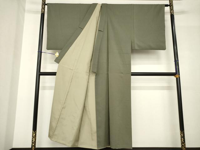 平和屋着物○男性 お召 アンサンブル 長羽織 色無地 海松茶色×銀煤竹