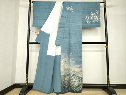 平和屋着物●金彩友禅　卓越技能者・名工・和田光正　訪問着　紬地　遠山草花文　暈し染め　さが美扱い　正絹　逸品　AABH4601ck