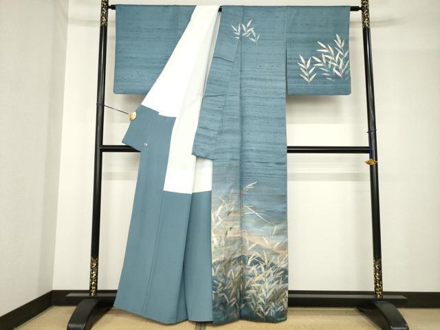平和屋着物●金彩友禅　卓越技能者・名工・和田光正　訪問着　紬地　遠山草花文　暈し染め　さが美扱い　正絹　逸品　AABH4601ck