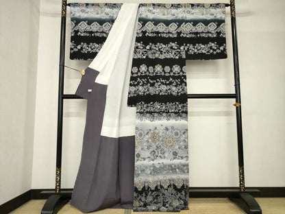 平和屋着物●訪問着　中国三大刺繍　スワトウ刺繍　汕頭刺繍　横段更紗花文　暈し染め　黒地　金糸　正絹　逸品　AABH4603ck