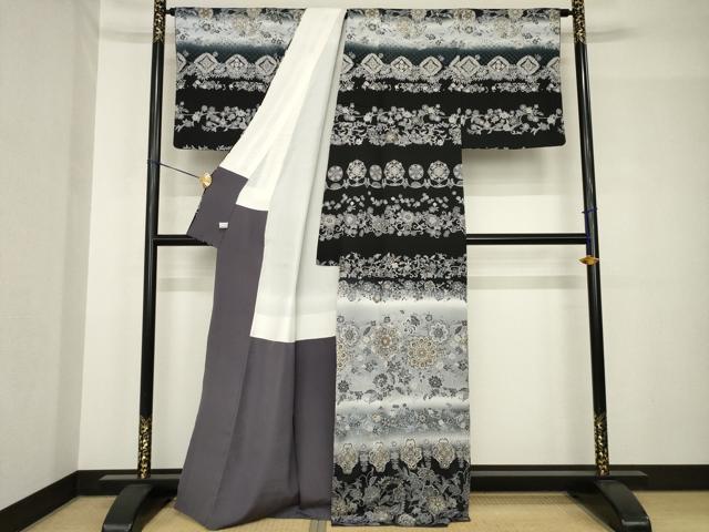 平和屋着物●訪問着　中国三大刺繍　スワトウ刺繍　汕頭刺繍　横段更紗花文　暈し染め　黒地　金糸　正絹　逸品　AABH4603ck