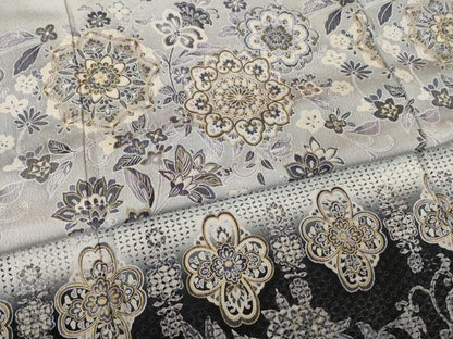 平和屋着物●訪問着　中国三大刺繍　スワトウ刺繍　汕頭刺繍　横段更紗花文　暈し染め　黒地　金糸　正絹　逸品　AABH4603ck