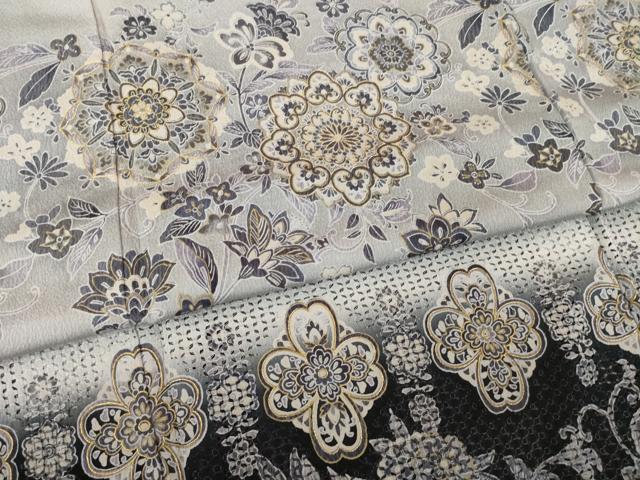 平和屋着物●訪問着　中国三大刺繍　スワトウ刺繍　汕頭刺繍　横段更紗花文　暈し染め　黒地　金糸　正絹　逸品　AABH4603ck