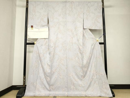 平和屋着物●上質な小紋　お召地　京友禅　更紗花蔦草文　金彩　丹後ちりめん　反端付き　ロング丈　正絹　逸品　AABH4608ck