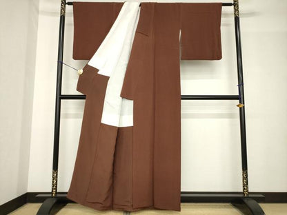 平和屋着物●浦野理一　色無地　こげ茶色　鬼しぼ縮緬　正絹　逸品　AABH4610ck