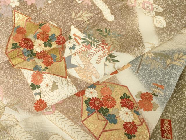 平和屋着物●訪問着　慶彩小袖　熨斗蝶文　暈し染め　金彩　ロング丈　正絹　逸品　未使用　AABH4626ck