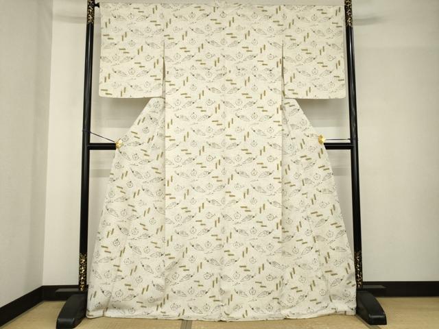 平和屋着物●上質な小紋　お召地　羽扇　ロング丈　正絹　逸品　AABH4635ck