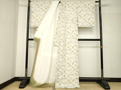 平和屋着物●上質な小紋　お召地　羽扇　ロング丈　正絹　逸品　AABH4635ck