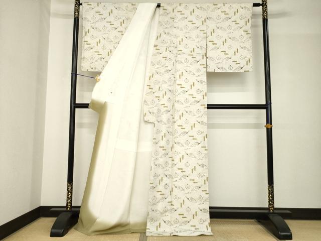 平和屋着物●上質な小紋　お召地　羽扇　ロング丈　正絹　逸品　AABH4635ck